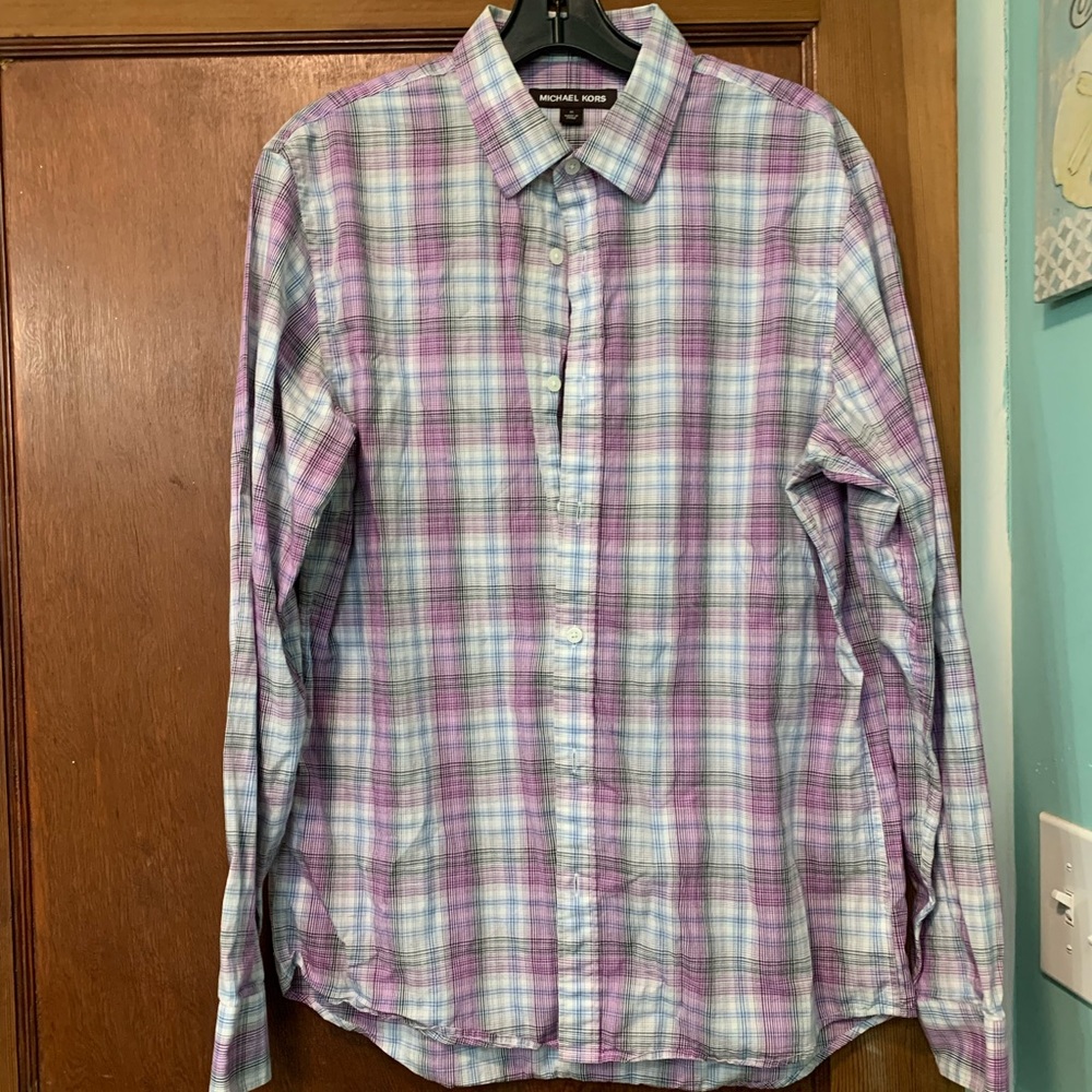 Michael Kors Mens Medium Shirt Purple Plaid Design
